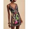 image:imageRoseSeek Womens Tropical Print Cami Dress Sleeveless Wrap V Neck Tie Knot Boho Short DressesBlack Graphic