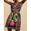 image:imageRoseSeek Womens Tropical Print Cami Dress Sleeveless Wrap V Neck Tie Knot Boho Short DressesBlack Graphic