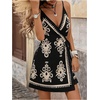 image:imageRoseSeek Womens Tropical Print Cami Dress Sleeveless Wrap V Neck Tie Knot Boho Short DressesBlack and Beige