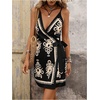 image:imageRoseSeek Womens Tropical Print Cami Dress Sleeveless Wrap V Neck Tie Knot Boho Short DressesBlack and Beige