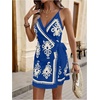 image:imageRoseSeek Womens Tropical Print Cami Dress Sleeveless Wrap V Neck Tie Knot Boho Short DressesBlue and Beige