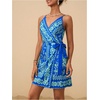 image:imageRoseSeek Womens Tropical Print Cami Dress Sleeveless Wrap V Neck Tie Knot Boho Short DressesFloral Blue Green