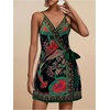 image:imageRoseSeek Womens Tropical Print Cami Dress Sleeveless Wrap V Neck Tie Knot Boho Short DressesGreen