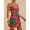 image:imageRoseSeek Womens Tropical Print Cami Dress Sleeveless Wrap V Neck Tie Knot Boho Short DressesPink and Green