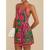 image:imageRoseSeek Womens Tropical Print Cami Dress Sleeveless Wrap V Neck Tie Knot Boho Short DressesPink and Green
