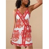 image:imageRoseSeek Womens Tropical Print Cami Dress Sleeveless Wrap V Neck Tie Knot Boho Short DressesRed