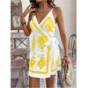 image:imageRoseSeek Womens Tropical Print Cami Dress Sleeveless Wrap V Neck Tie Knot Boho Short DressesWhite and Yellow