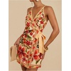 image:imageRoseSeek Womens Tropical Print Cami Dress Sleeveless Wrap V Neck Tie Knot Boho Short DressesYellow