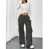 image:imageRoseSeek Womens Wide Leg Sweatpants Drawstring Waist Baggy Cargo Pants Casual Trousers with PocketsDark Grey