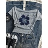 image:imageRoseSeek Womens Y2K Hibiscus Floral Graphic Tees Short Sleeve Ruched Off The Shoulder Tops Cute T ShirtsLight Grey