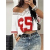 image:imageRoseSeek Womens Y2K Lace Mesh Jersey Shirts V Neck Short Sleeve Off The Shoulder Tops Crop Graphic TeesSolid White