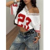 image:imageRoseSeek Womens Y2K Lace Mesh Jersey Shirts V Neck Short Sleeve Off The Shoulder Tops Crop Graphic TeesSolid White