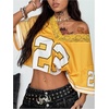 image:imageRoseSeek Womens Y2K Lace Mesh Jersey Shirts V Neck Short Sleeve Off The Shoulder Tops Crop Graphic TeesYellow