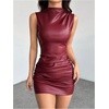 image:imageRoseSeek Womens Y2K Sleeveless Ruched PU Leather Dress Streetwear Mock Neck Bodycon Mini DressesBurgundy