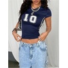 image:imageRoseSeek Womens Y2K Sporty Jersey Shirts V Neck Sleeve Tight Cropped Tees Street Graphic Summer TopDeep Blue