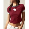 image:imageRoseSeek Womens Y2K Star Patched Crop Tee Tops Short Sleeve Ribbed Summer Vintage Tight ShirtRed
