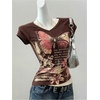 image:imageRoseSeek Womens Y2k Grunge Graphic Tees Short Sleeve 2 in 1 Halter T Shirts Vintage StreetwearBrown