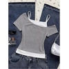 image:imageRoseSeek Womens Y2k Letter Graphic Tees Off The Shoulder Short Sleeve Summer T ShirtsGrey White