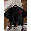 image:imageWomens Graphic Letter Tee Crew Neck Drop Shoulder Trendy Summer T Shirt Short Sleeve Vintage TopBlack and Red