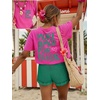 image:imageWomens Graphic Letter Tee Crew Neck Drop Shoulder Trendy Summer T Shirt Short Sleeve Vintage TopHot Pink Green
