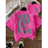 image:imageWomens Graphic Letter Tee Crew Neck Drop Shoulder Trendy Summer T Shirt Short Sleeve Vintage TopHot Pink Green