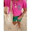 image:imageWomens Graphic Letter Tee Crew Neck Drop Shoulder Trendy Summer T Shirt Short Sleeve Vintage TopHot Pink Green