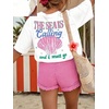 image:imageWomens Graphic Letter Tee Crew Neck Drop Shoulder Trendy Summer T Shirt Short Sleeve Vintage TopShell White