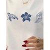 image:imageWomens Graphic Letter Tee Crew Neck Drop Shoulder Trendy Summer T Shirt Short Sleeve Vintage TopWhite and Floral Blue