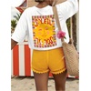 image:imageWomens Graphic Letter Tee Crew Neck Drop Shoulder Trendy Summer T Shirt Short Sleeve Vintage TopWhite and Yellow