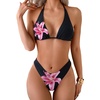 image:imageRoseSeek 2 Piece Bikini Sets Triangle Halter Top High Cut Brazilian Bottom Swimsuit Summer Beach SwimwearBlack Floral