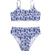 image:imageRoseSeek Girls 2 Piece Floral High Waisted Swimsuit Smocked Wireless Bathing Suit Boho Holiday Beachwear SetDeep Blue and White