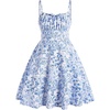 image:imageRoseSeek Girls Floral Print Summer Dress Bowknot Ruched Bust A Line Cami Dress High Waist Ruffle Hem Cute Sun DressesBlue and White