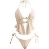 image:imageRoseSeek Womens 2 Piece Boho Polka Dots Beaded Bikini Sets Halter Swimsuits Textured Tie Side Bathing SuitSolid Beige