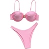 image:imageRoseSeek Womens 2 Piece Cheeky Bikini Sets Metal Decor Underwire Bra High Cut Thong Swimsuit SwimwearPink