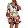 image:imageRoseSeek Womens Boho Floral V Neck Mini Dresses Bishop Sleeve Tie Open Back Tropical DressMulticolor Floral