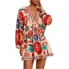 image:imageRoseSeek Womens Boho Floral V Neck Mini Dresses Bishop Sleeve Tie Open Back Tropical DressOrange