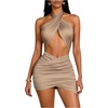 image:imageRoseSeek Womens Elegant Cut Out Halter Mini Dress Ruched Cross Wrap Hem Bodycon Dresses Cocktail Evening Party DressKhaki