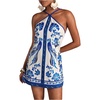 image:imageRoseSeek Womens Floral Boho Dress Criss Cross Tie Backless Mini Dresses Halter A Line SundressBlue and White