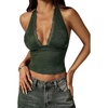 image:imageRoseSeek Womens Floral Lace Deep V Neck Halter Tops Y2K Backless Summer Going Out Crop Tank TopArmy Green
