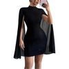 image:imageRoseSeek Womens Mock Neck Rib Knit Bodycon Mini Dress Slit Mesh Long Sleeve Elegant DressesBlack