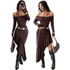 image:imageRoseSeek Womens Off Shoulder Long Sleeve Bodycon Long Dress Asymmetrical Ruffle Cowgirl DressesBrown