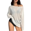 image:imageRoseSeek Womens Off Shoulder Swimsuit Sheer Mesh Coverup See Through Long Sleeve Bathing Suit Cover Up BeachwearWhite