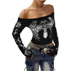 image:imageRoseSeek Womens Off The Shoulder Goth Graphic Tees Long Sleeve Slim Fit Y2K Crop Tops Vintage T ShirtBlack