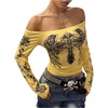 image:imageRoseSeek Womens Off The Shoulder Goth Graphic Tees Long Sleeve Slim Fit Y2K Crop Tops Vintage T ShirtYellow