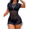 image:imageRoseSeek Womens Sheer Mesh Drawstring Ruched Swimsuit Beach Dress Bathing Suit Cover UpBlack