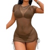 image:imageRoseSeek Womens Sheer Mesh Drawstring Ruched Swimsuit Beach Dress Bathing Suit Cover UpCoffee Brown