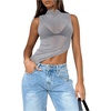 image:imageRoseSeek Womens Sheer Mesh Mock Neck Crop Tank Tops Sleeveless Asymmetrical Hem Summer Going Out Tops ClubwearGrey