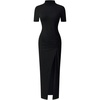 image:imageRoseSeek Womens Short Sleeve Maxi T Shirt Dress Mock Neck Ruched High Slit Long Casual Summer Tee DressesBlack