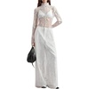 image:imageRoseSeek Womens Summer Goth Floral Lace Sheer Dress Elegant Ruffle Long Sleeve Mock Neck Maxi DressesWhite