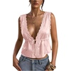 image:imageRoseSeek Womens Tie Front Deep V Neck Peplum Tops Lace Trim Sleeveless Satin Crop Tank TopCoral Pink